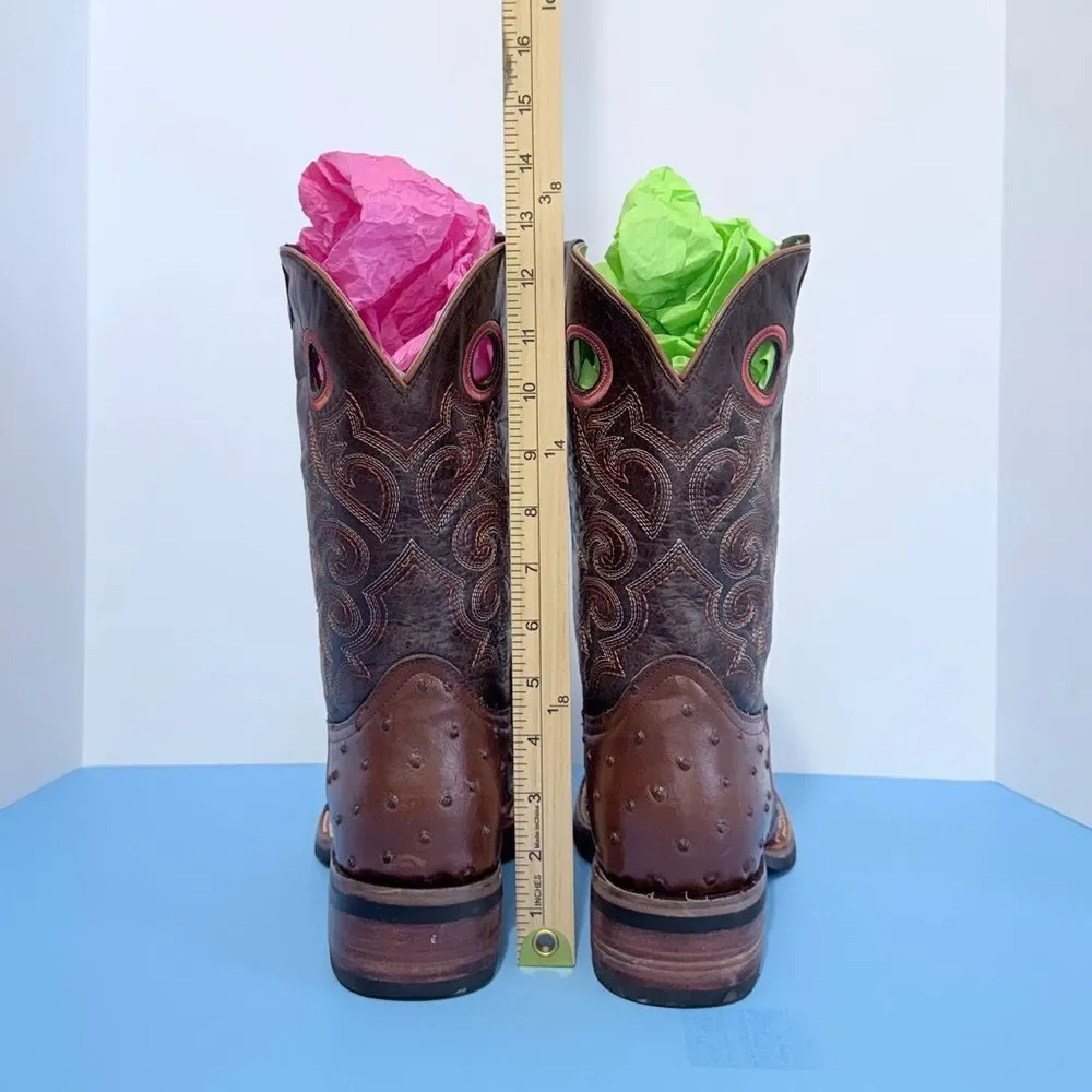 JNV Western Wear Men’s Leather Square Toe Ostrich Print Rodeo Boots Size 11